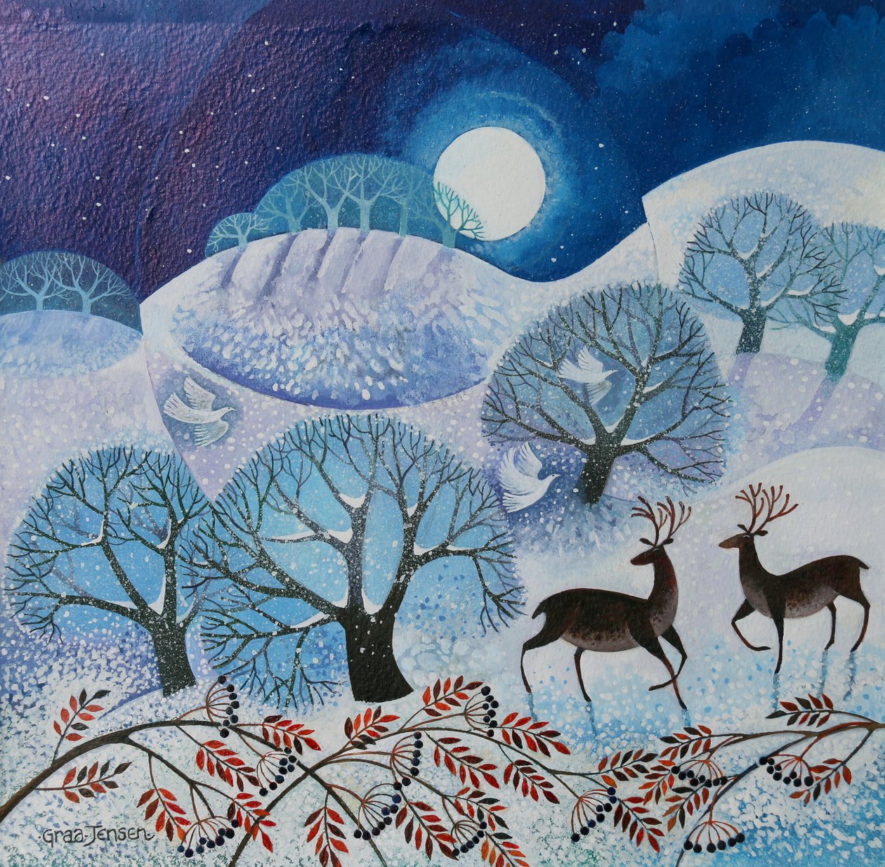 Snowy Land, 2017, (akrylblekk på papir) av Lisa Graa Jensen