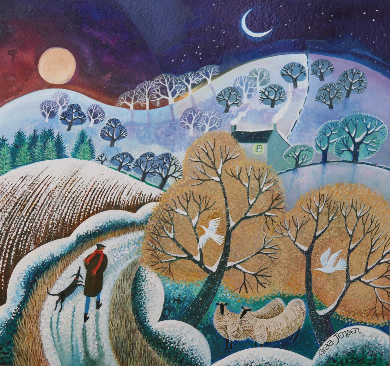 Snowy Winter Walk, 2017, (akrylblekk på papir) av Lisa Graa Jensen