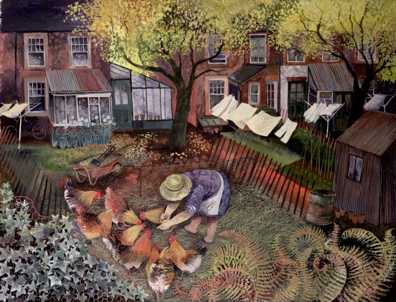 Town Hens, 1995 (akrylblekk, gouache) av Lisa Graa Jensen