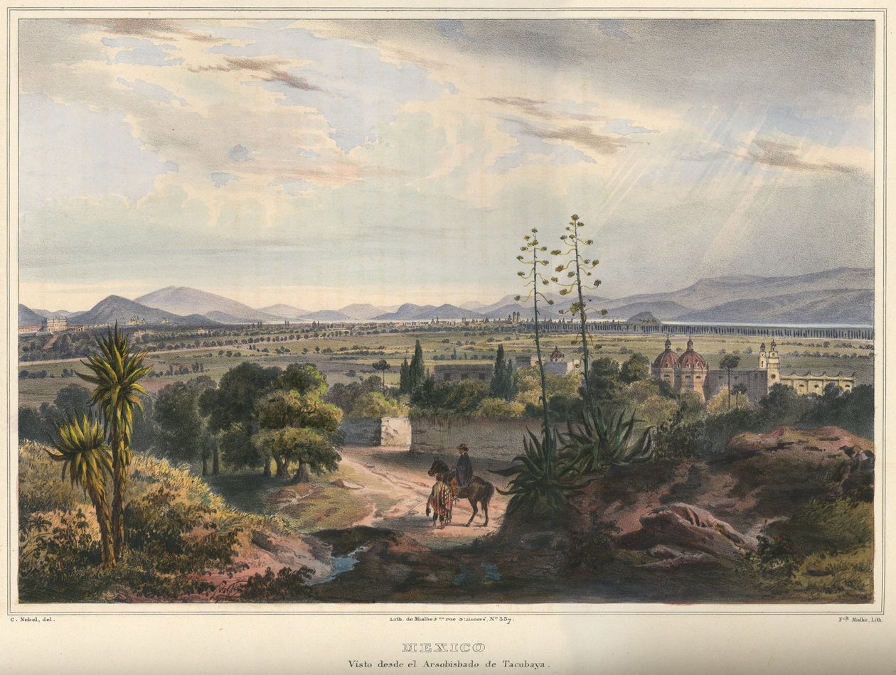 Mexico, visto desde el Arzobispado de Tacubaya. Mexico by sett fra Tacubaya. Håndfarget litografi fremhevet med arabisk tyggegummi. Originalstørrelse (rene linjer) av Frederic Mialhe
