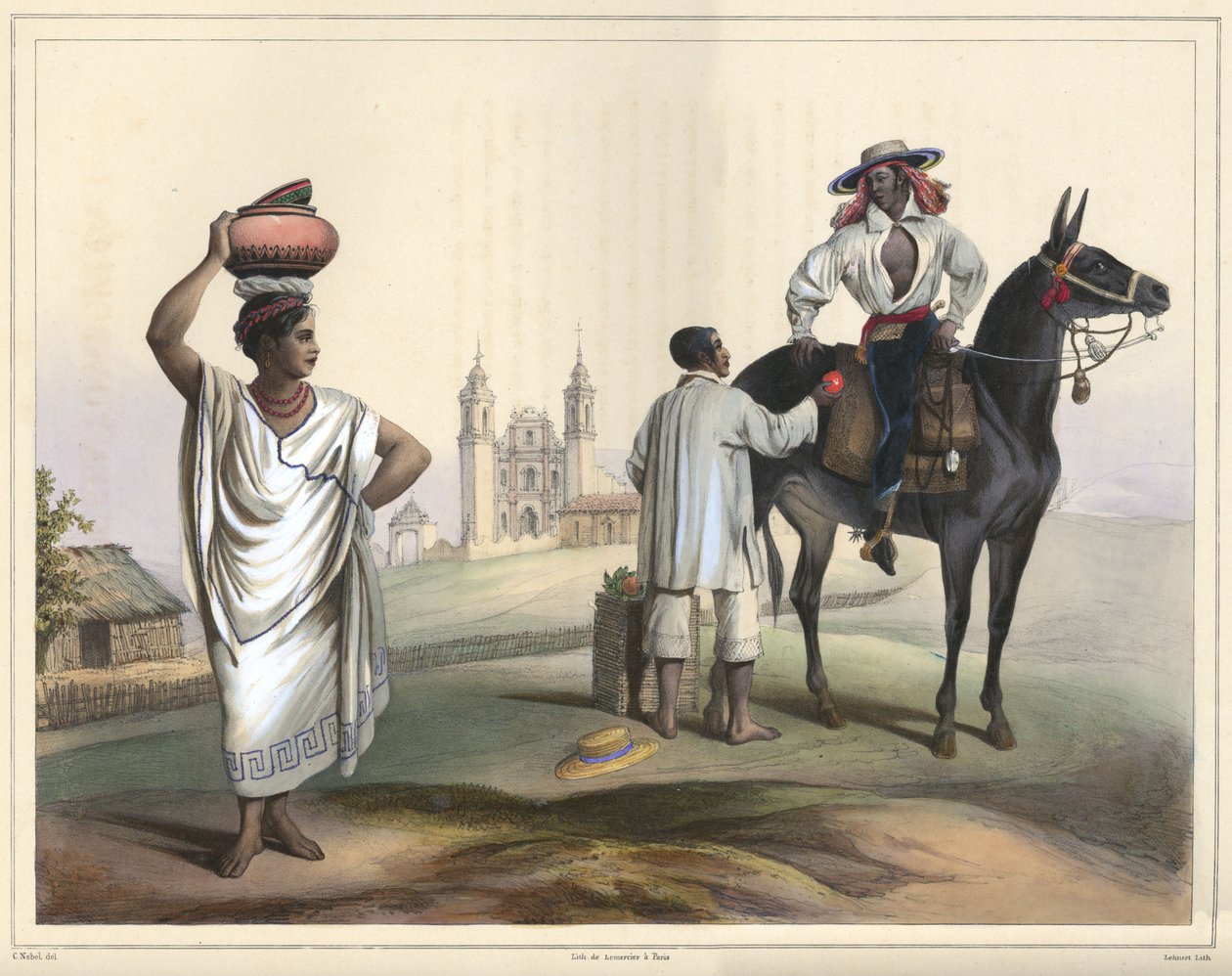Gente de Tierra Caliente entre Papantla y Misantla. Kostymegruppe. Håndfarget litografi fremhevet med arabisk tyggegummi. Originalstørrelse (rene linjer) av Lithograph by Pierre Frédéric Lehnert