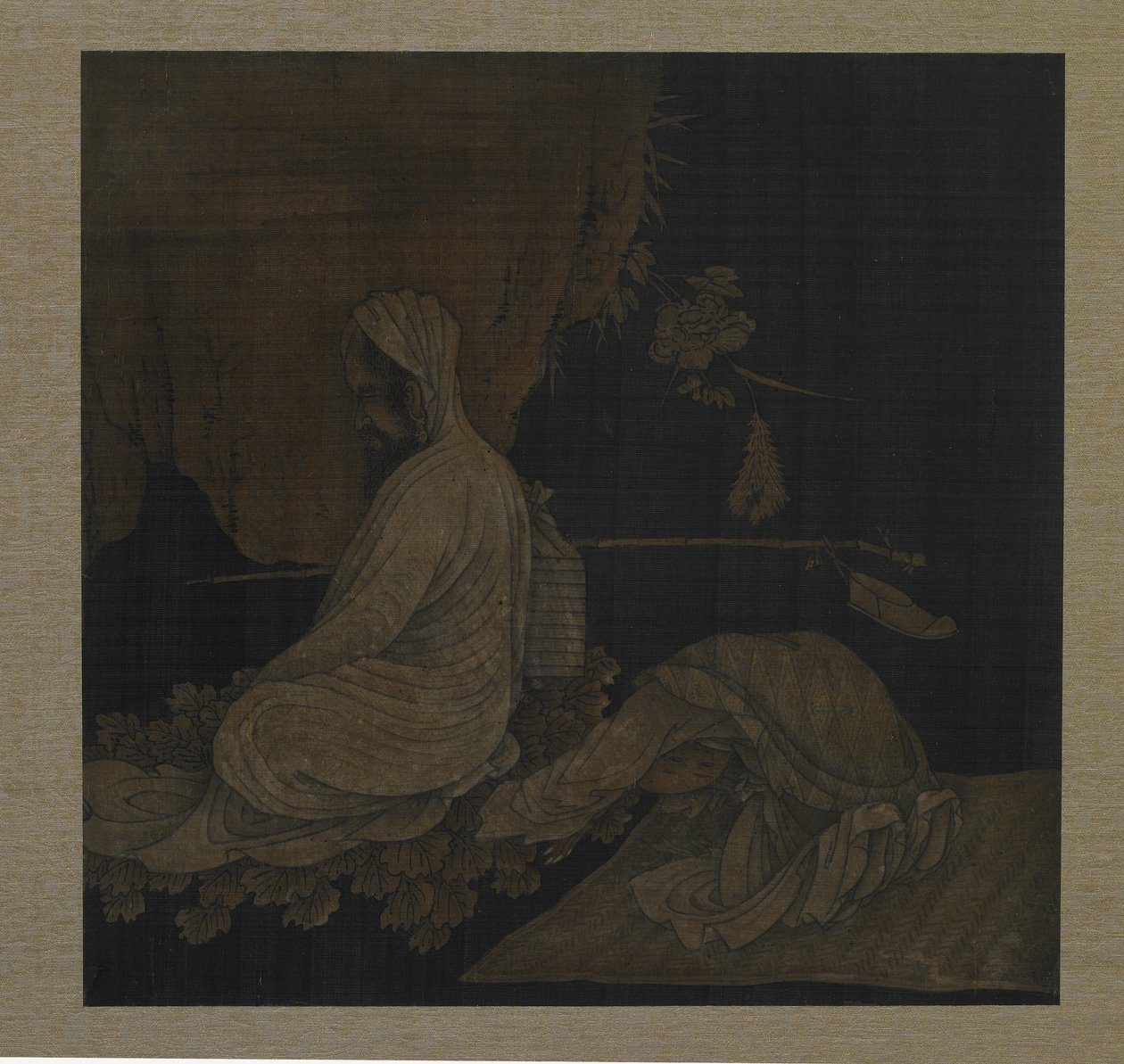 Bodhidharma mediterer, med nedbøyd ledsager, Qing-dynastiet, ca. 1708 blekk og farge på silke av Liu Hualiang