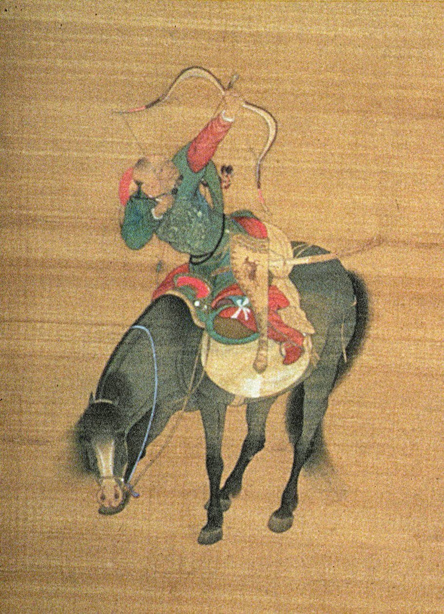 Kublai Khan (1214-94) Jakt (detalj), Yuan-dynastiet (blekk og farge på silke) (se 150417) av Liu Kuan tao