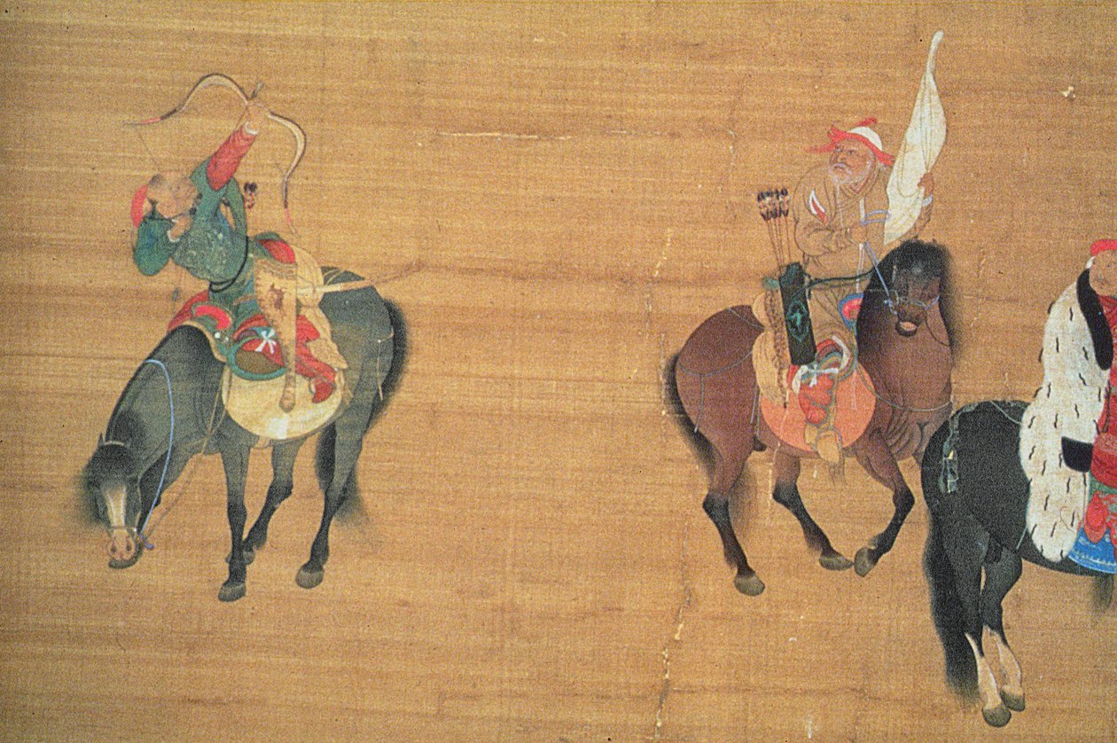 Kublai Khan (1214-94) Jakt (detalj), Yuan-dynastiet (blekk og farge på silke) (se 150417) av Liu Kuan tao
