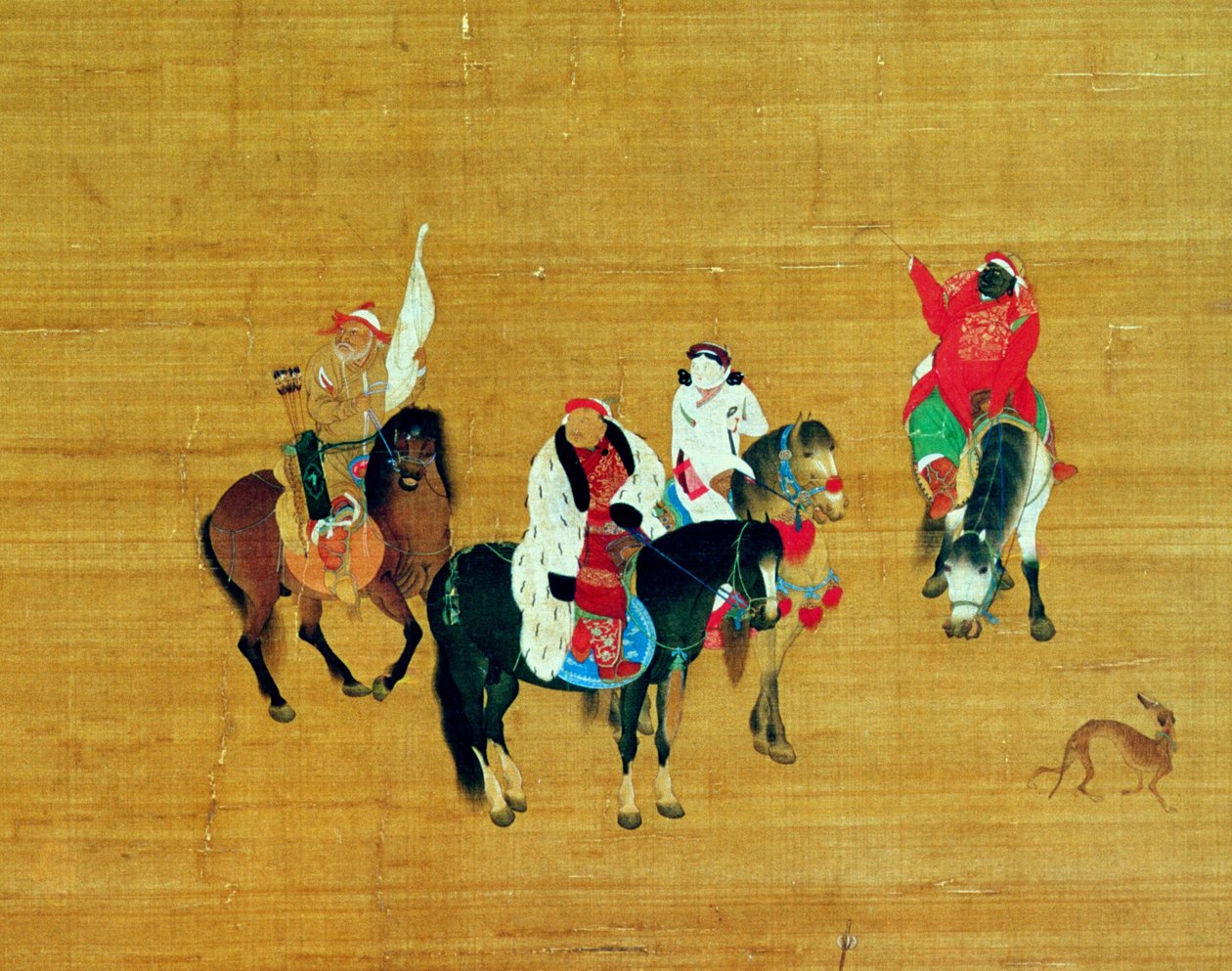 Kublai Khan (1214-94) Jakt, Yuan-dynastiet (blekk og farge på silke) (detalj) av Liu Kuan tao
