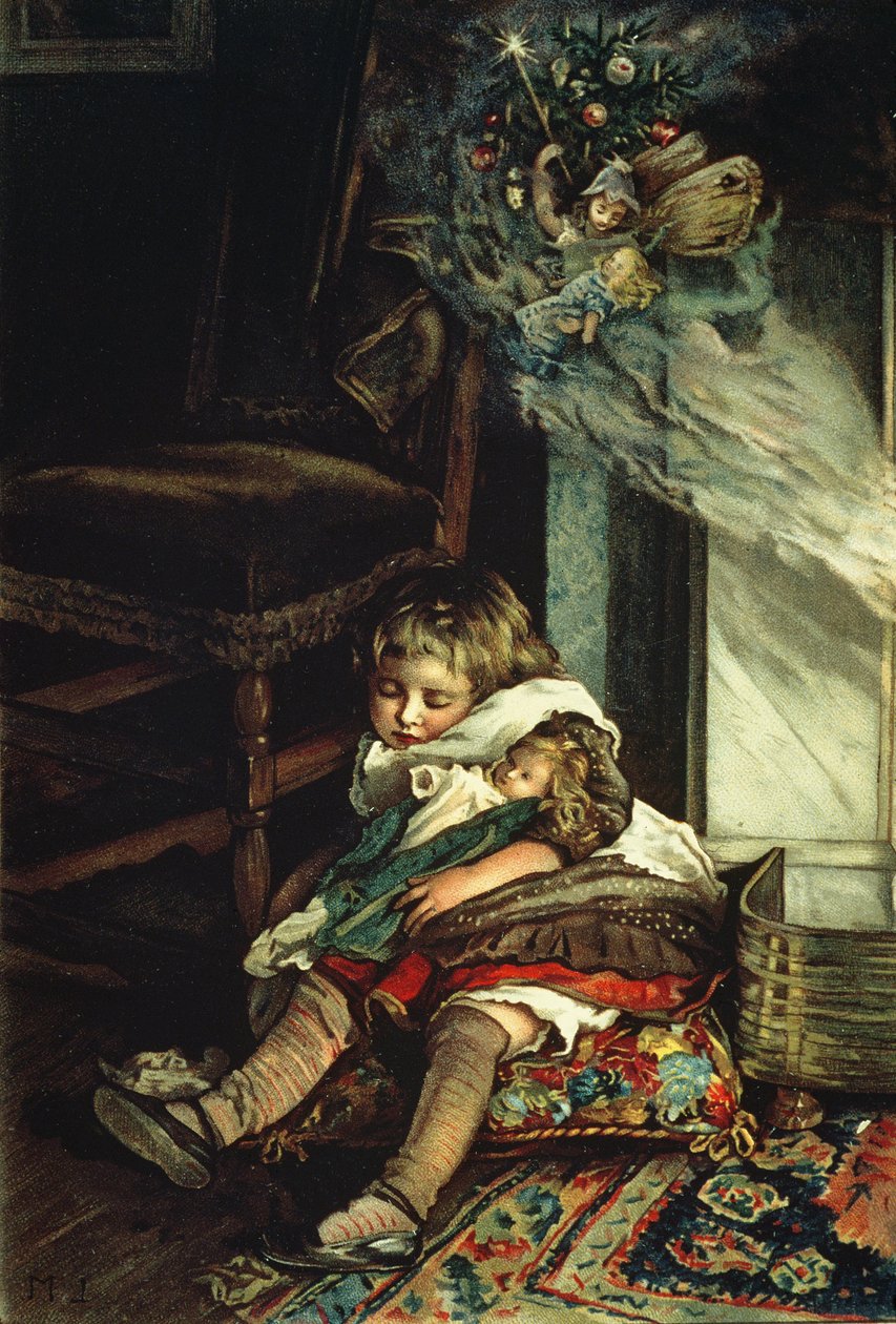Barn som drømmer om leker, frontispice av "A Christmas Tree Fairy", pub. 1886 av Lizzie Mack