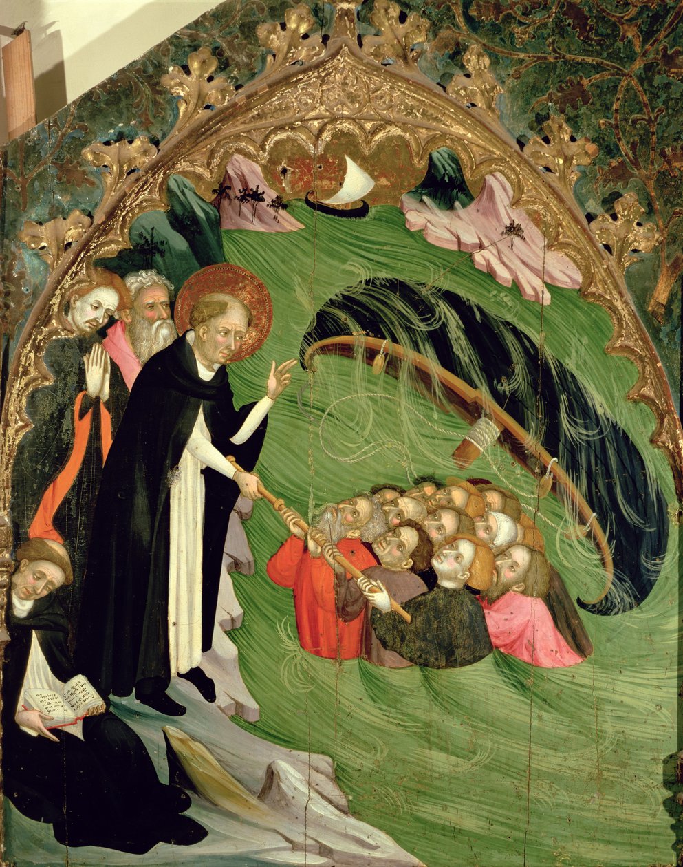 St. Dominic redder skipbrudne fiskere fra Drowning, detalj fra altertavlen til St. Claire, 1415 av Lluís Borrassà