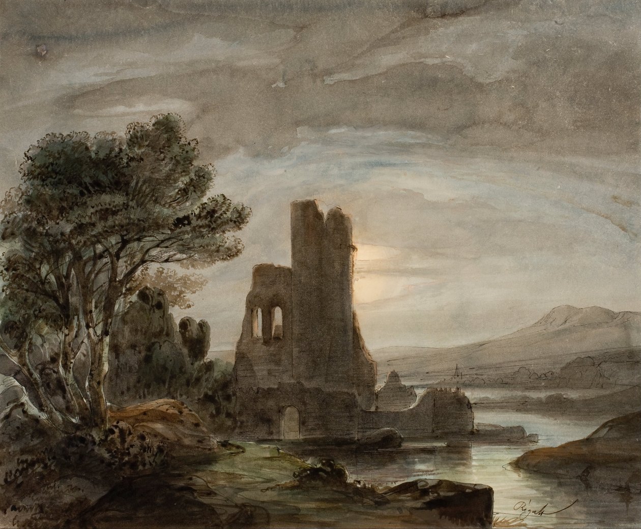 Nattlandskap med ødelagt kloster av Lluís Rigalt