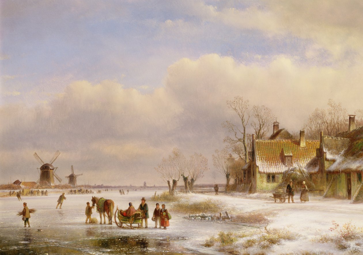 Snøscene med vindmøller i det fjerne, 1800-tallet av Lodewijk Johannes Kleyn