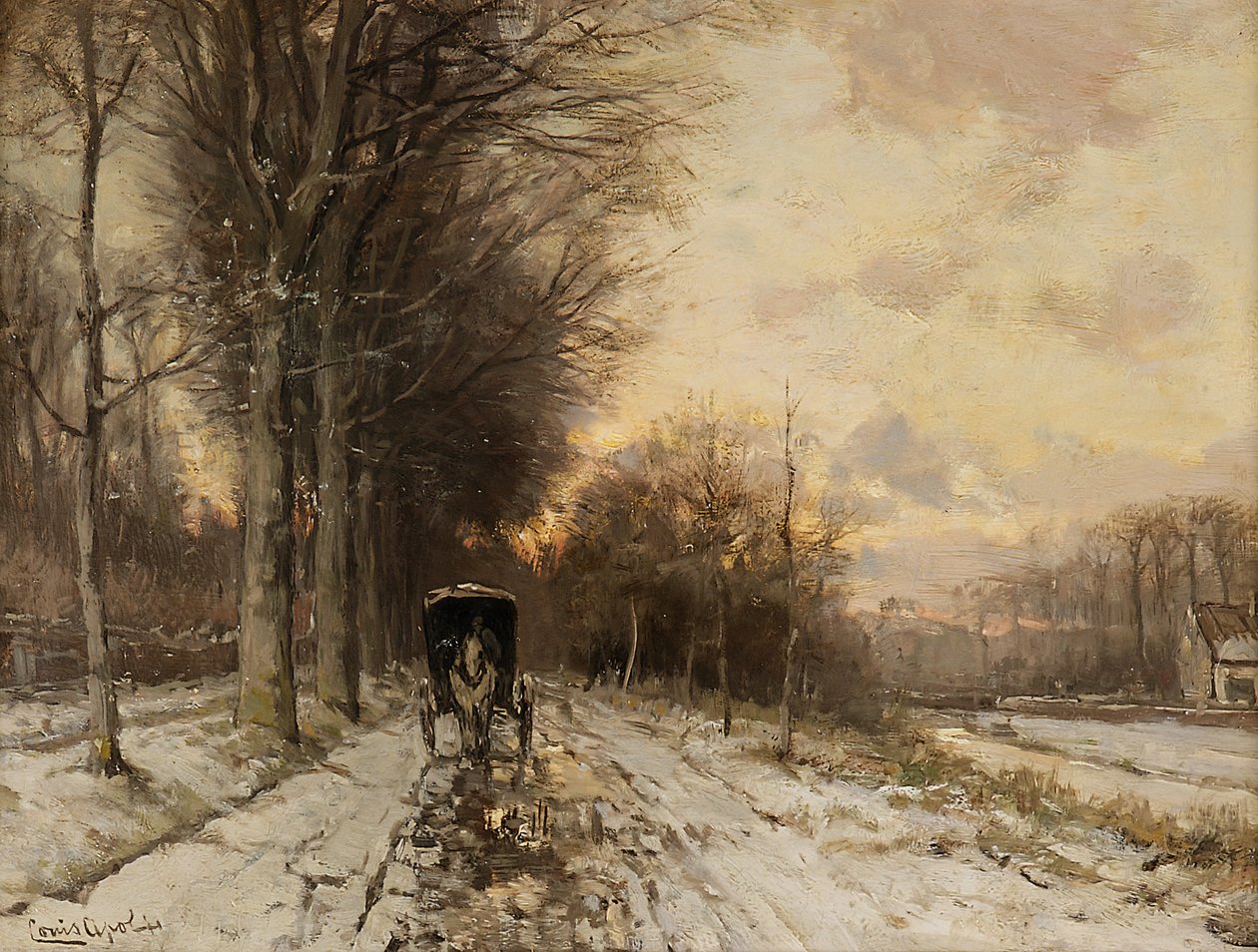 En hestevogn på en snødekt sti (olje på panel) av Lodewijk Frederik Hendrik (1850-1936) Apol