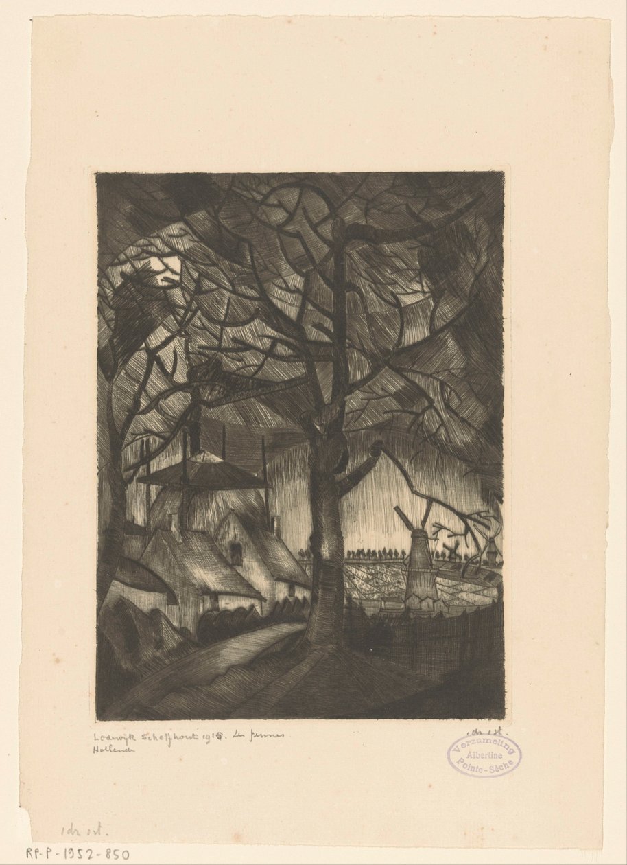 Gård Les Fermes (original tittel på objekt) av Lodewijk Schelfhout (signed by artist)