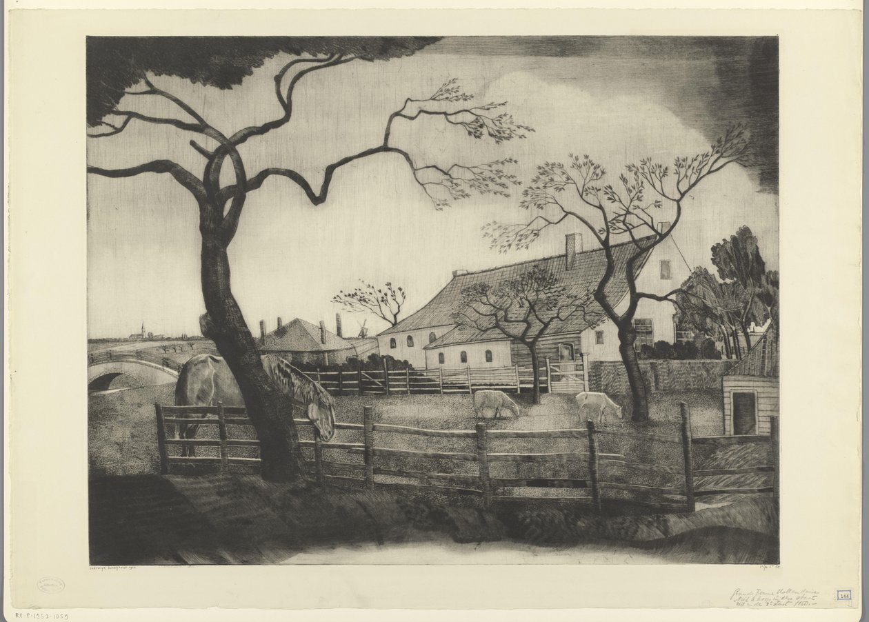 Gård med storfe i Holland Grande ferme Hollandais (original tittel) av Lodewijk Schelfhout (signed by artist)