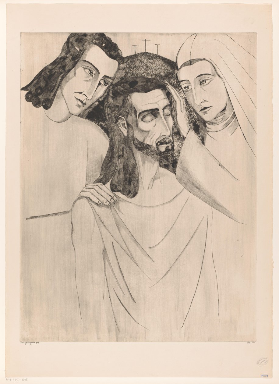Christus tussen Johannes de Doper som Maria Kristus, hans mor og Johannes (originaltittel) av Lodewijk Schelfhout (signed by artist)