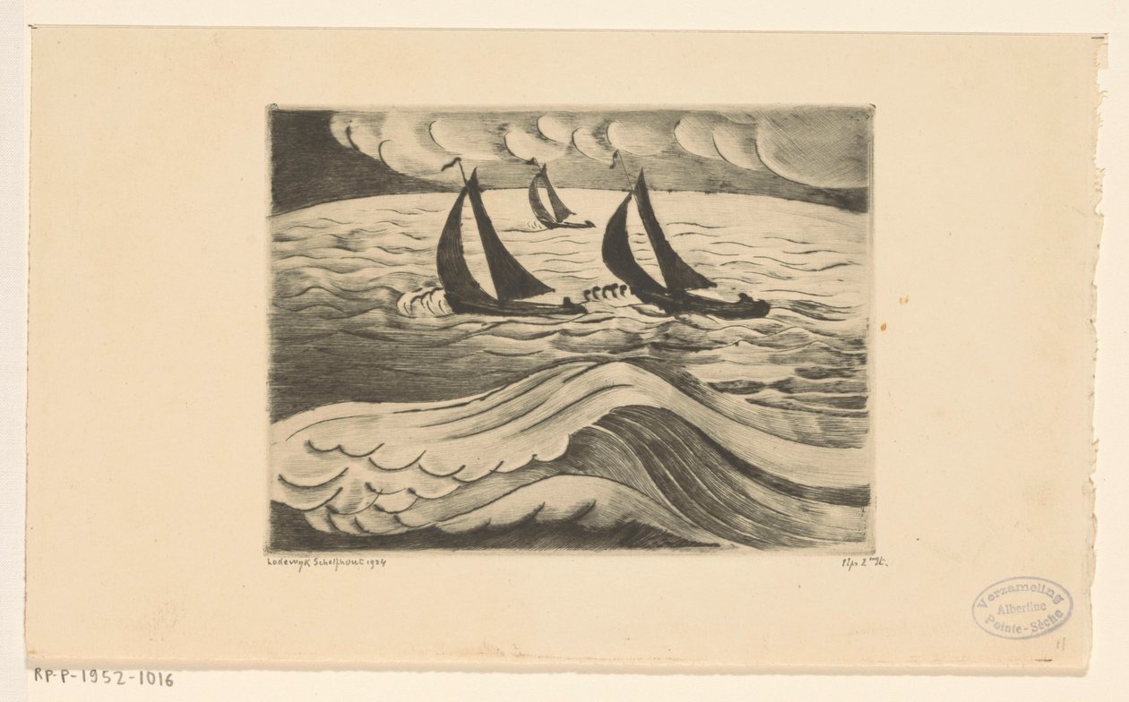 Tre seilskuter til sjøs under en storm La Tempête (original tittel) av Lodewijk Schelfhout (signed by artist)