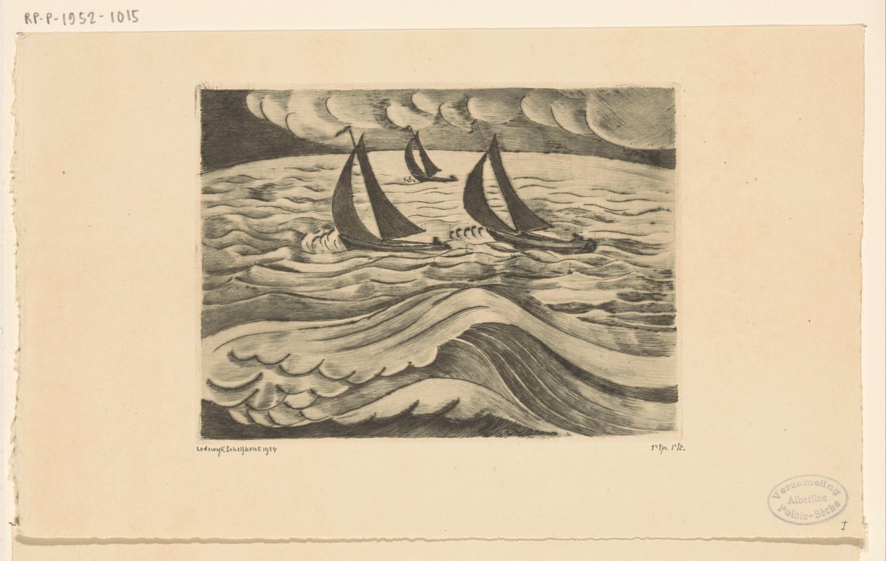Tre seilskuter til sjøs under en storm La Tempête (original tittel) av Lodewijk Schelfhout (signed by artist)