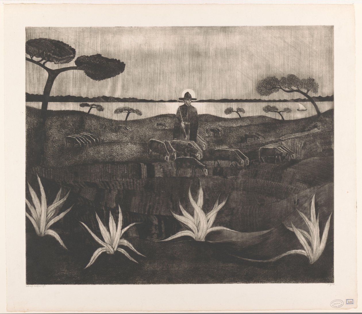 Gjeter med en saueflokk i et kupert landskap Le Troupeau (original tittel) av Lodewijk Schelfhout (signed by artist)