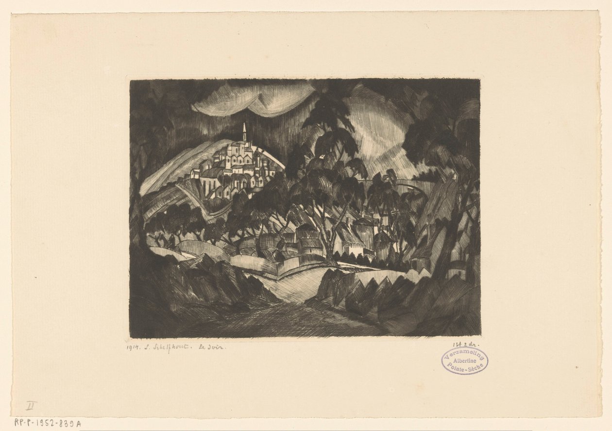 Kupert landskap med trær og bygninger Le Soir (original tittel på objekt) av Lodewijk Schelfhout (signed by artist)