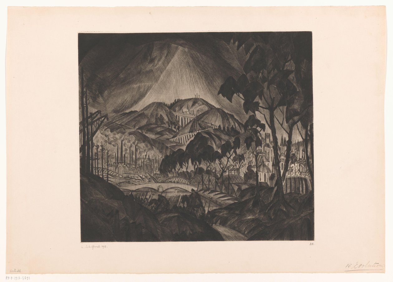 Kupert landskap med industri Evolution (original tittel) av Lodewijk Schelfhout (signed by artist)