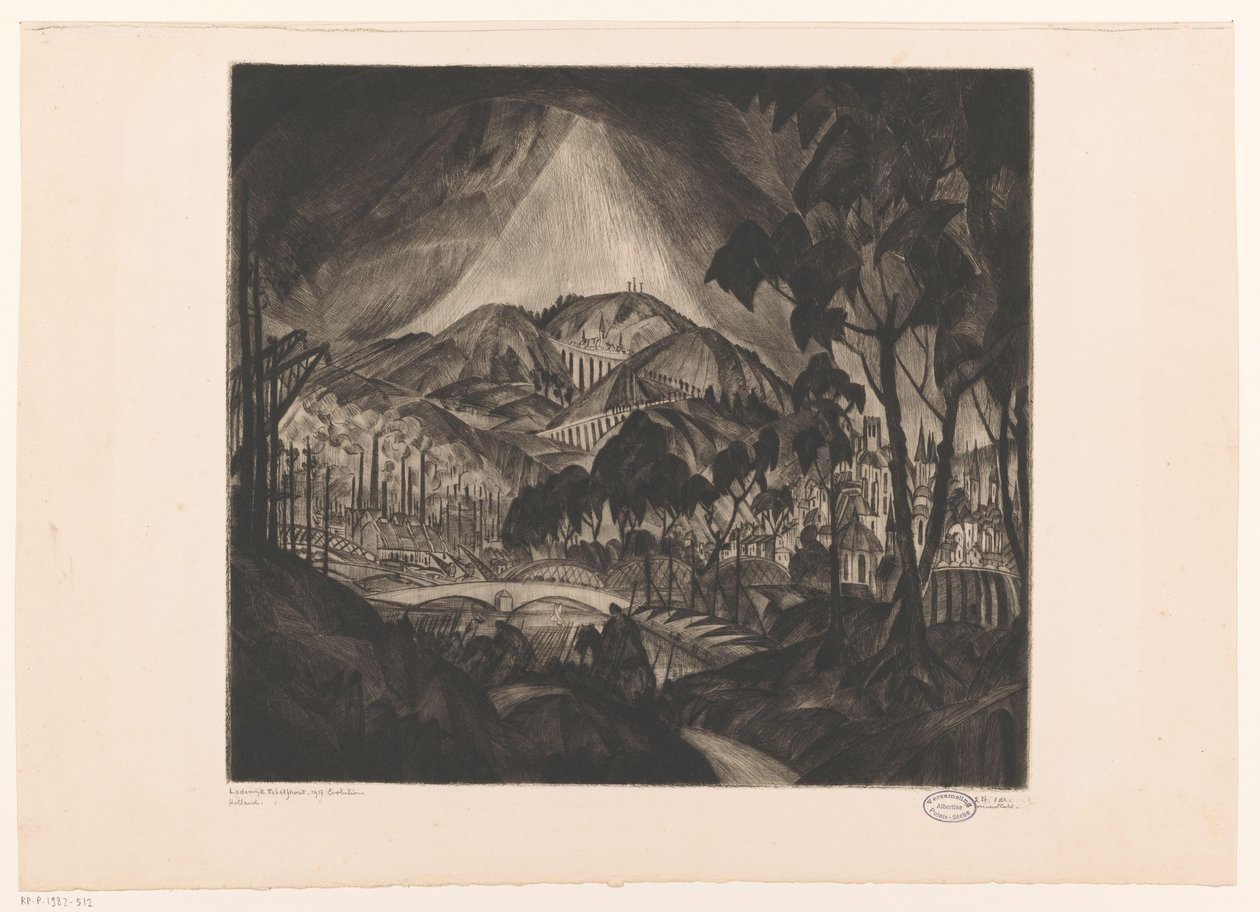 Kupert landskap med industri Evolusjon (original tittel på objekt) av Lodewijk Schelfhout (signed by artist)
