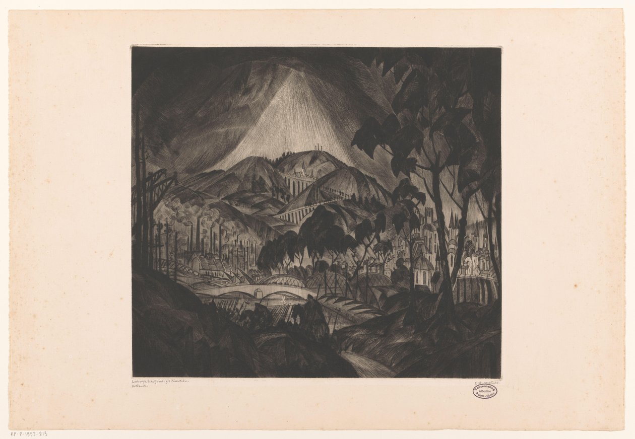 Kupert landskap med industri Evolusjon (original tittel på objekt) av Lodewijk Schelfhout (signed by artist)