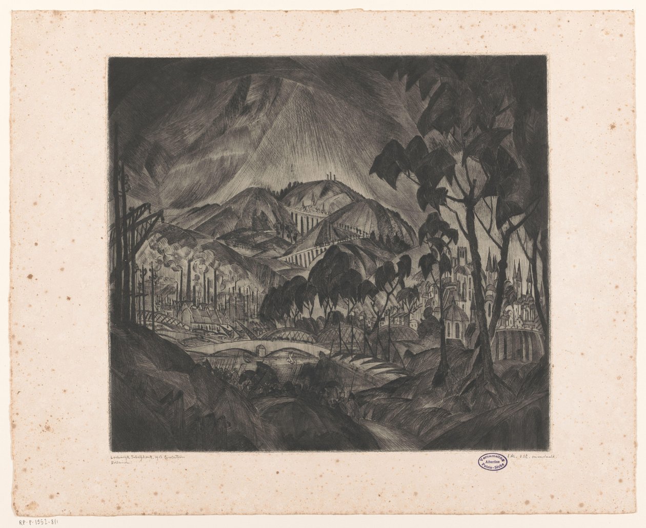 Kupert landskap med industri Evolusjon (original tittel på objekt) av Lodewijk Schelfhout (signed by artist)