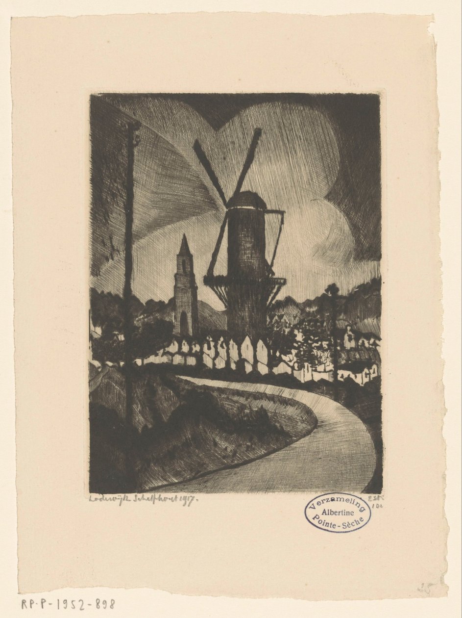 Kupert landskap med mølle Le Moulin (original tittel) av Lodewijk Schelfhout (signed by artist)