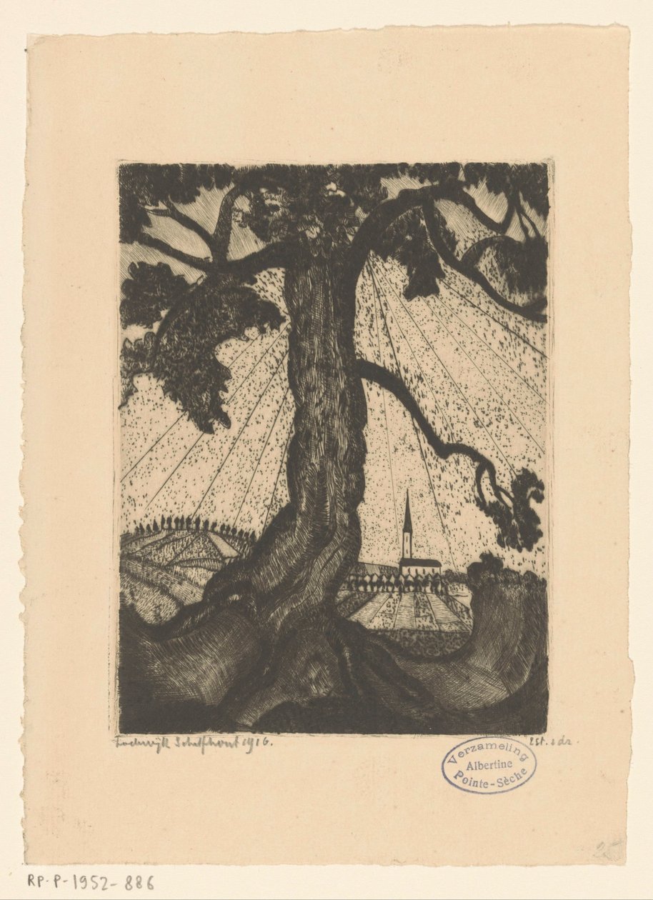Kupert landskap med bebyggelse Le Village I (original tittel) av Lodewijk Schelfhout (signed by artist)