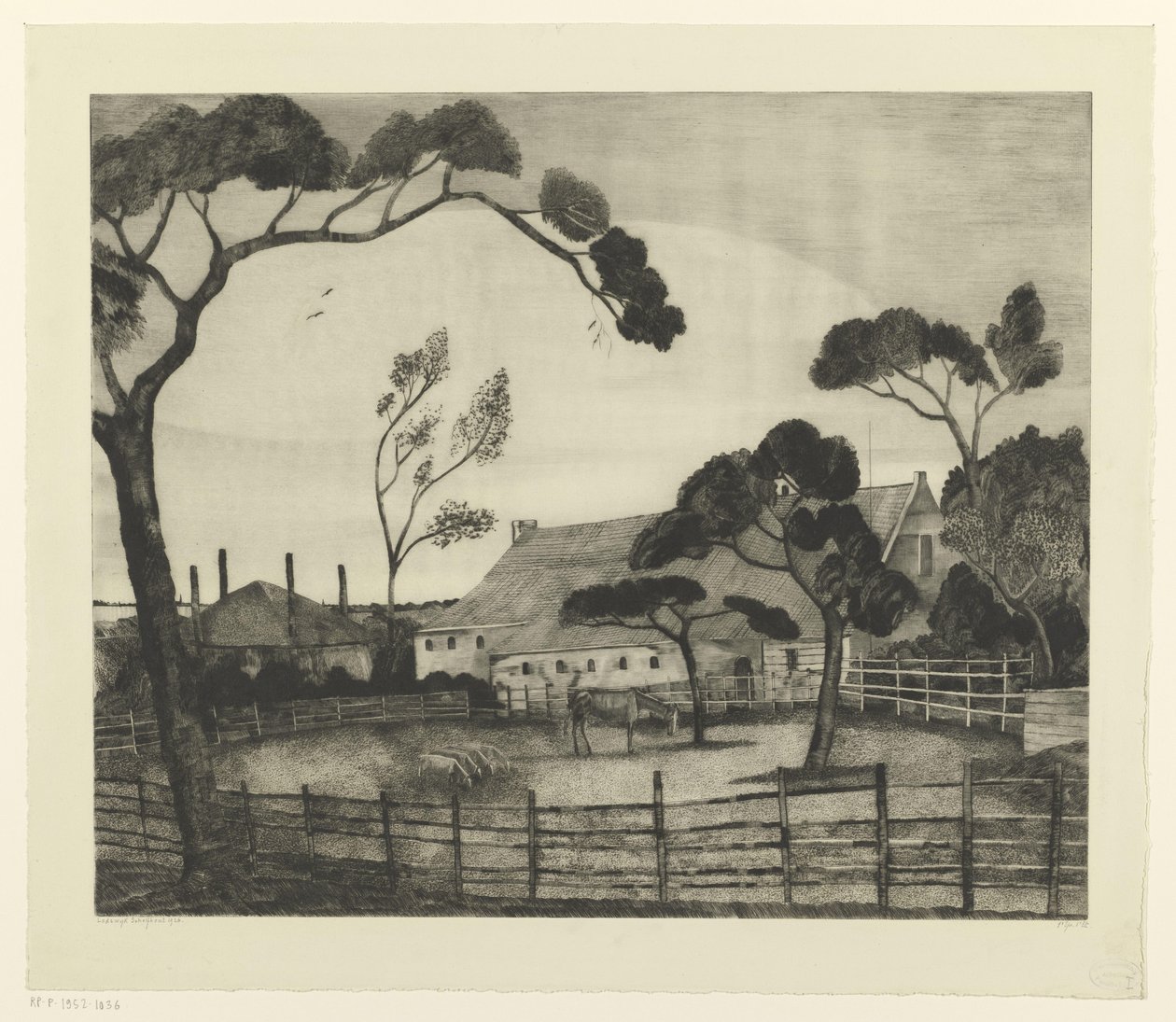 Nederlandsk landskap med gård og eng Paysage Hollandais (original tittel) av Lodewijk Schelfhout (signed by artist)