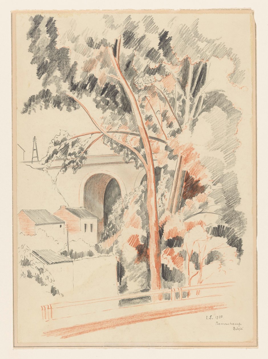 Hus og trær under en viadukt i Remouchamps av Lodewijk Schelfhout (signed by artist)