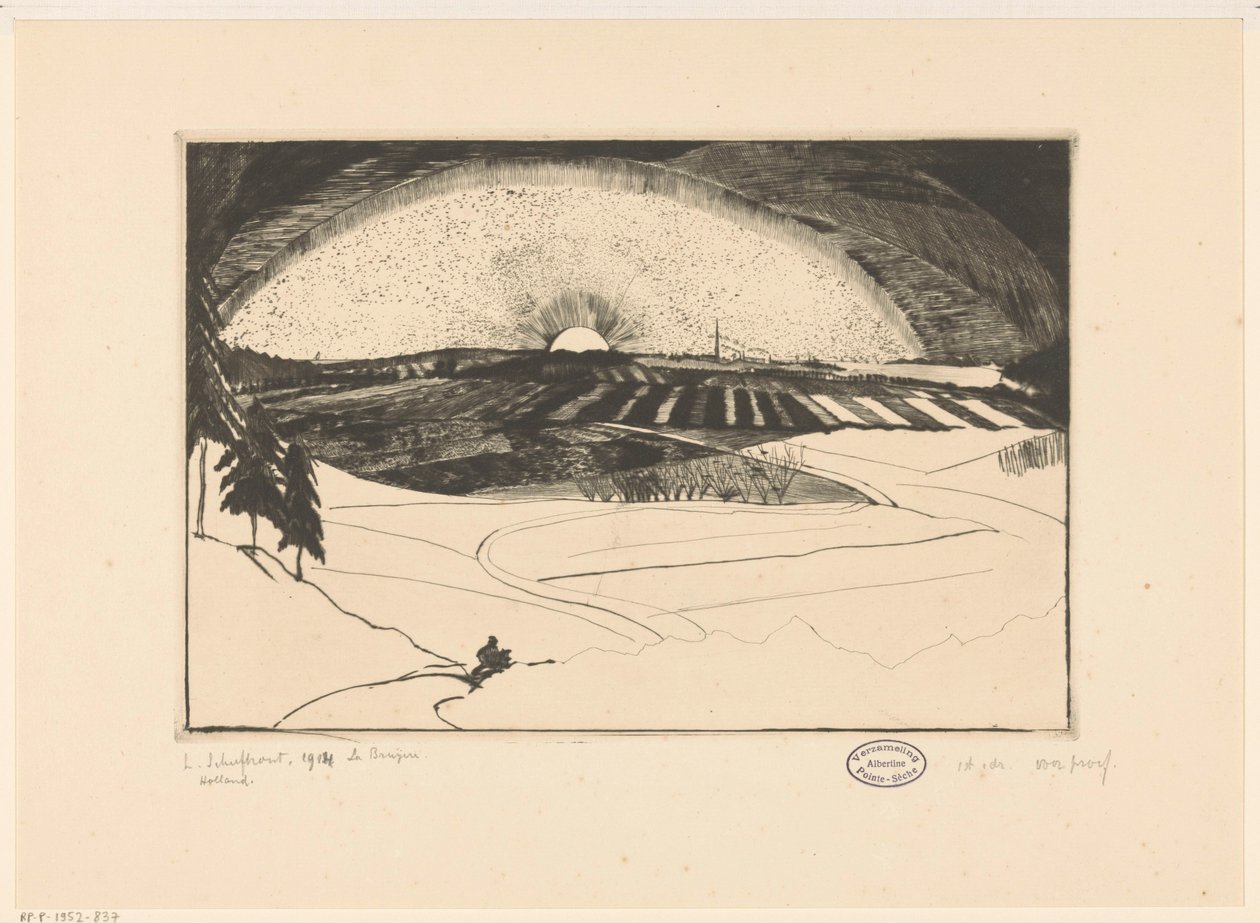 Oppgående eller nedgående sol over et kupert landskap La Bruyère (originaltittel på objektet) av Lodewijk Schelfhout (signed by artist)