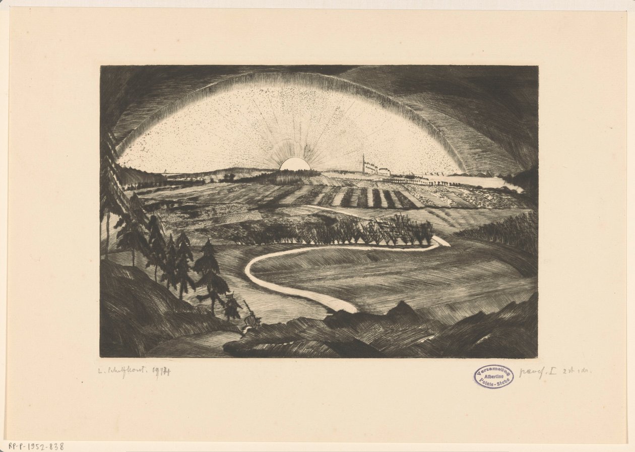 Oppgående eller nedgående sol over et kupert landskap La Bruyere (original tittel på objekt) av Lodewijk Schelfhout (signed by artist)