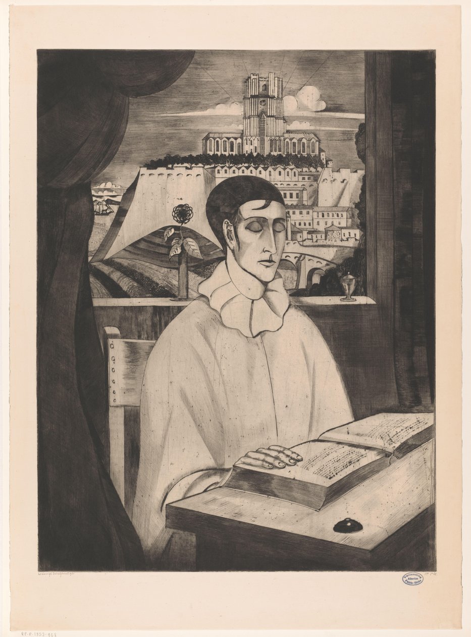 Pierrot leser en bok Pierrot Meditant (original tittel) av Lodewijk Schelfhout (signed by artist)