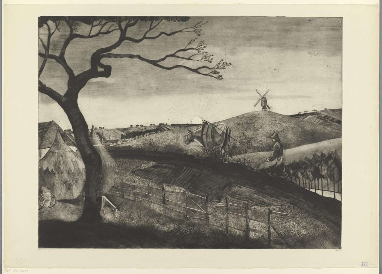 Pløyende bonde med en okse på Etikhove Arbeider Flamand (original tittel) av Lodewijk Schelfhout (signed by artist)