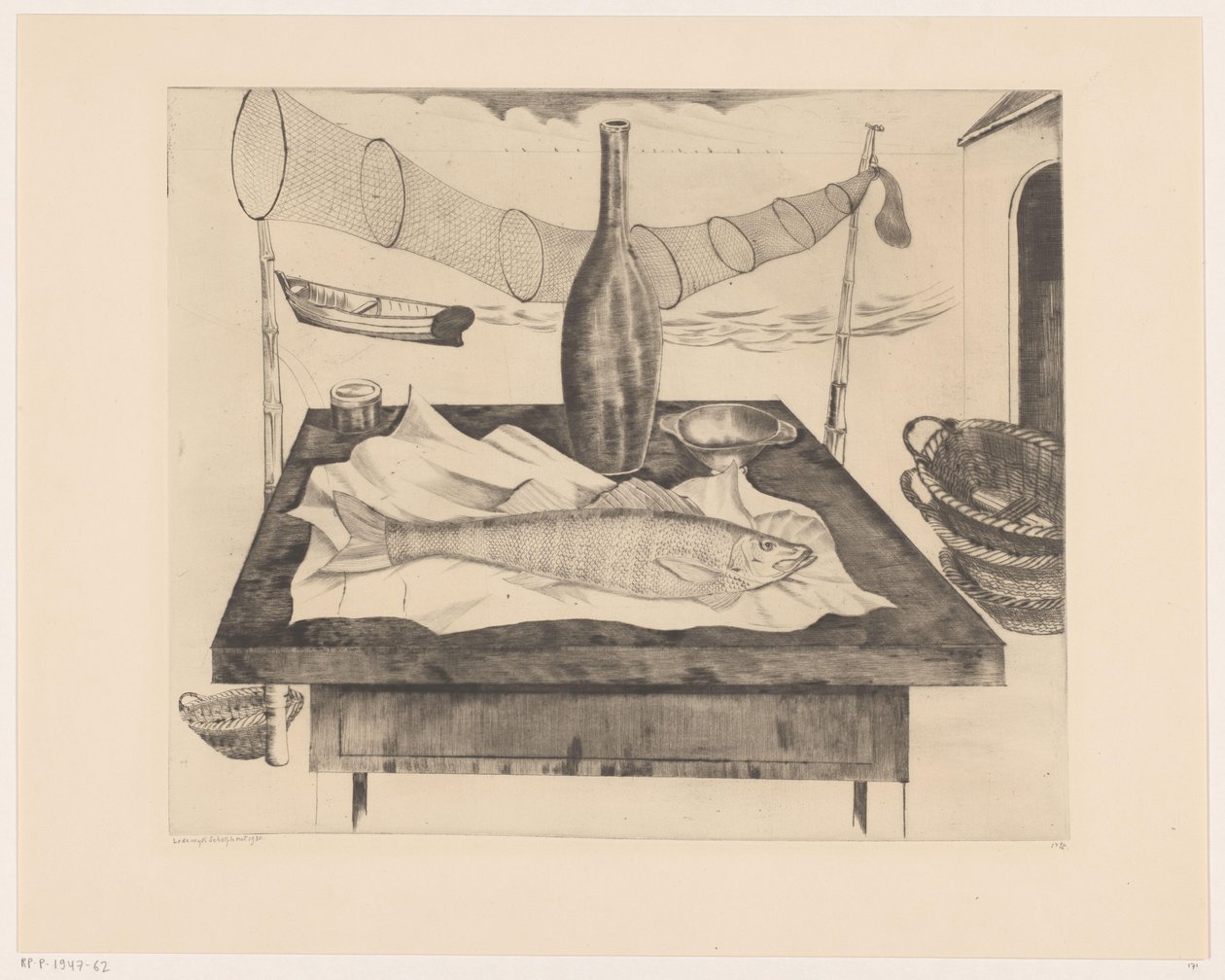 Stilleben med fisk, flaske og fiskegarn Après la pêche (original tittel) av Lodewijk Schelfhout (signed by artist)