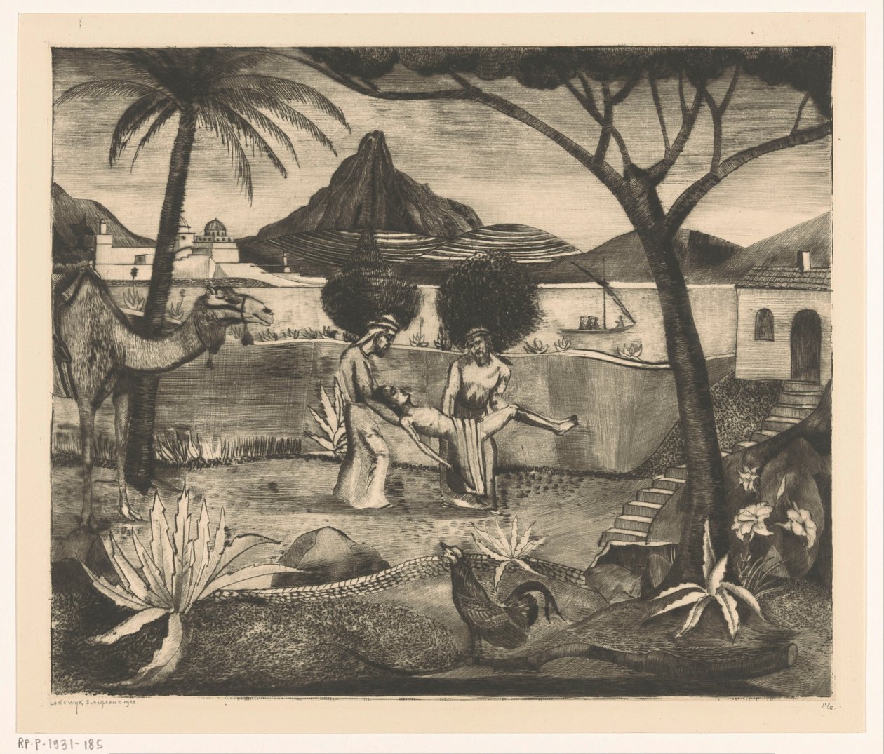 To menn som bærer en mann i en hage av Lodewijk Schelfhout (signed by artist)