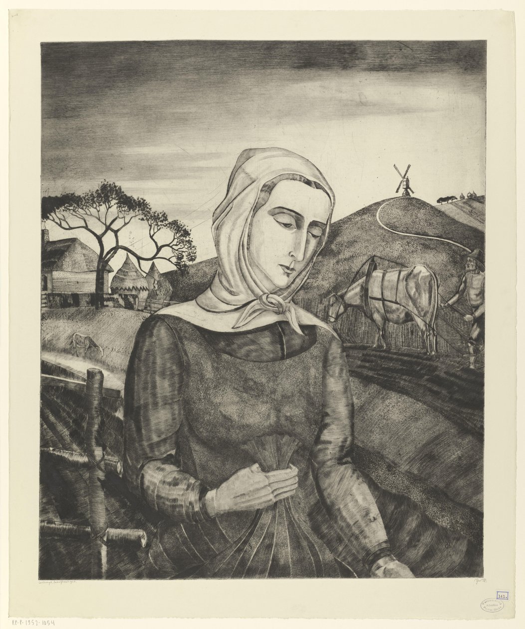Flamsk bonde i et kupert landskap Jeune fille Flamande (original tittel) av Lodewijk Schelfhout (signed by artist)