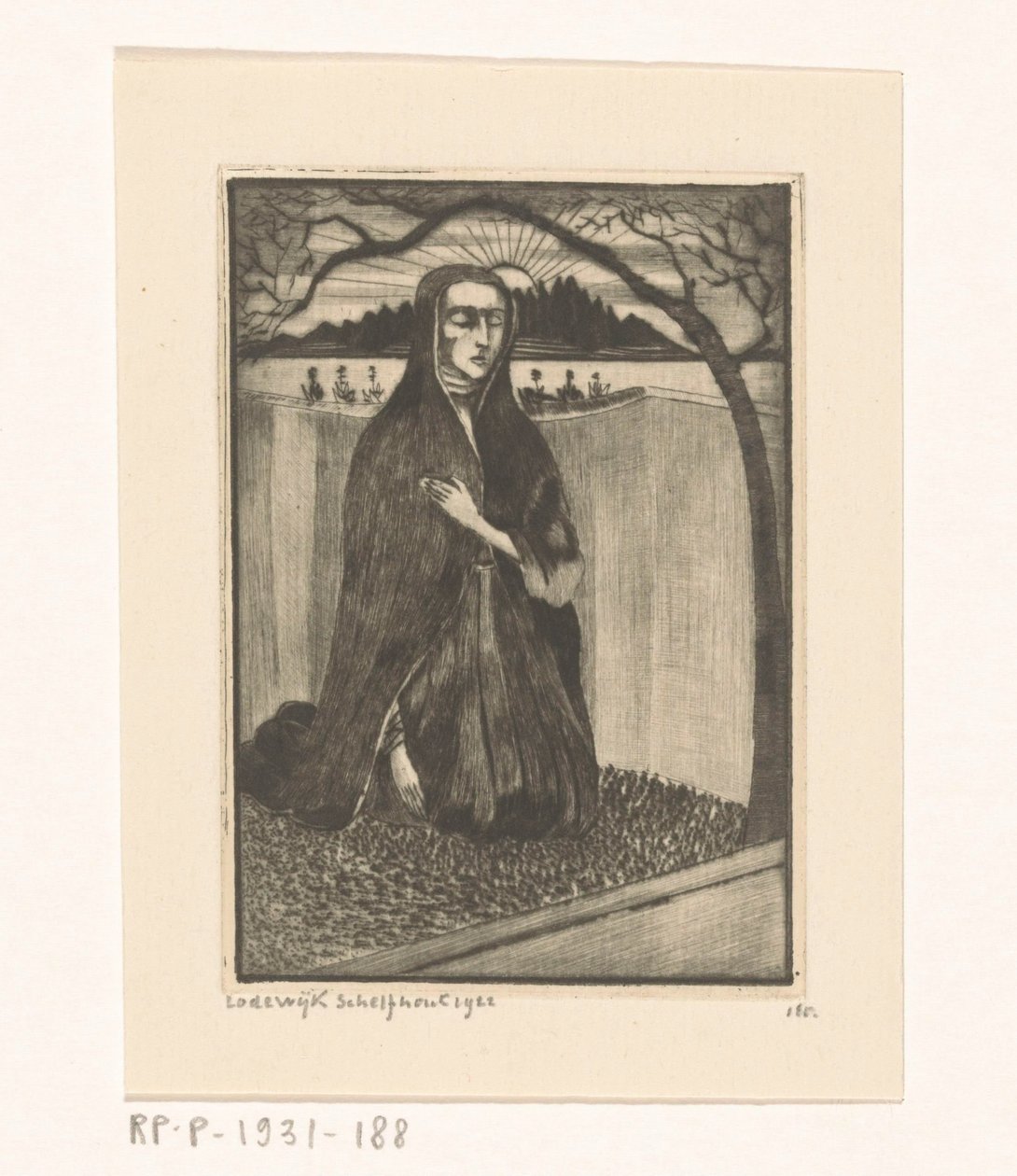 Kvinne ved en grav Femme au tombeau (original tittel) av Lodewijk Schelfhout (signed by artist)