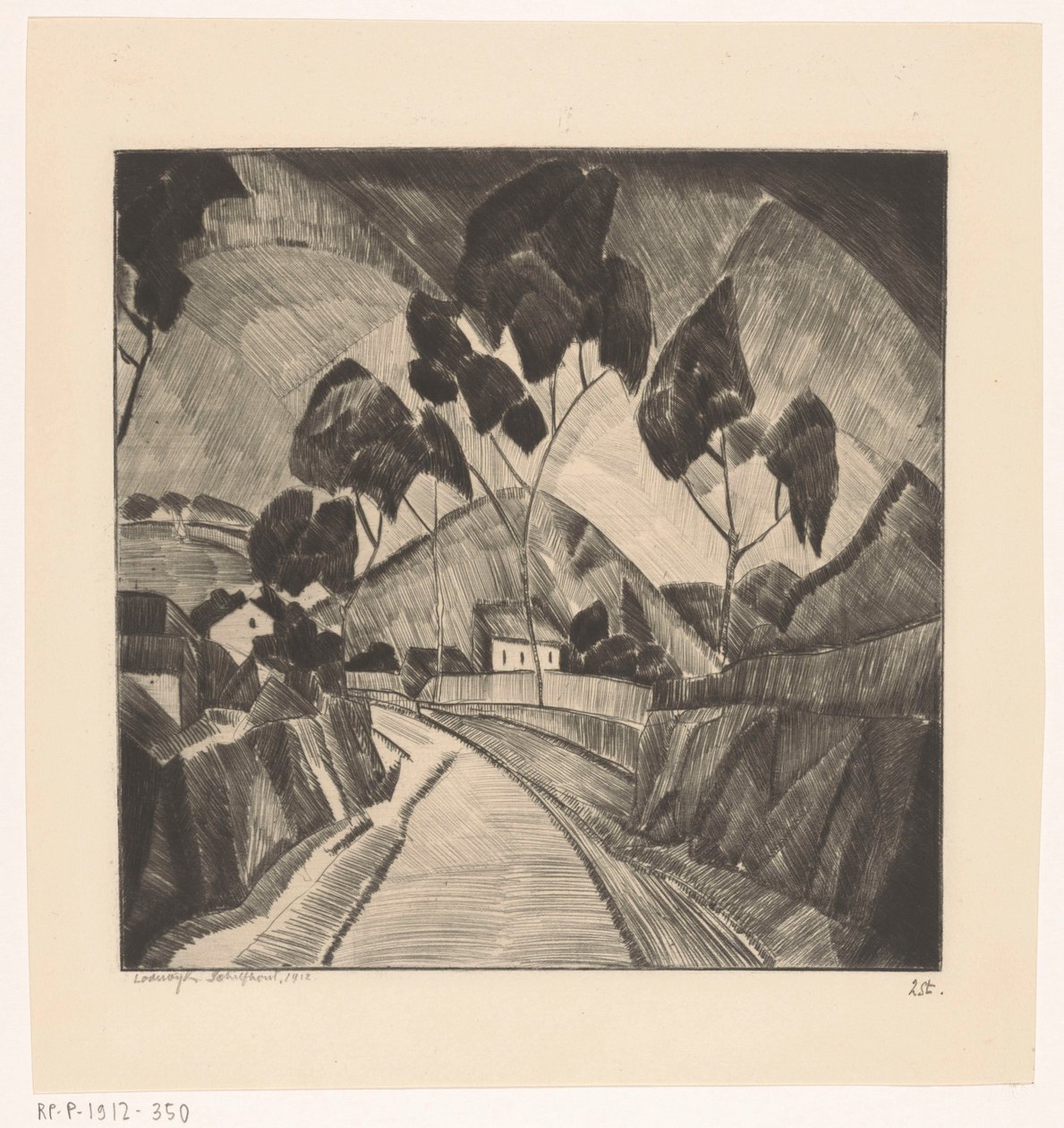Vei i kupert landskap Le Chemin (original tittel) av Lodewijk Schelfhout (signed by artist)