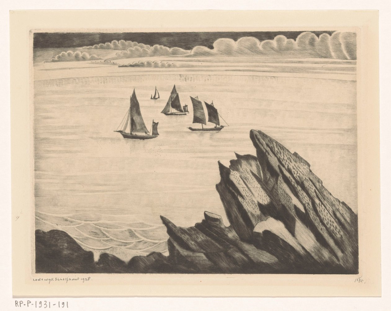Seilskip utenfor den bretonske kysten Un soir en Brittany (original tittel) av Lodewijk Schelfhout (signed by artist)