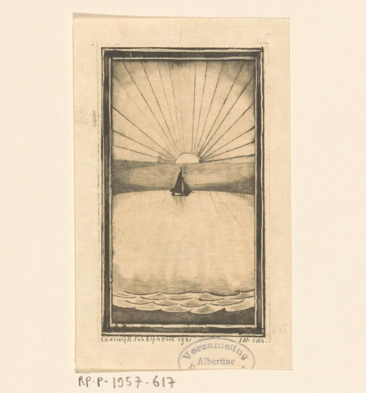 Seilskip til sjøs ved stigende eller nedgående sol av Lodewijk Schelfhout (signed by artist)