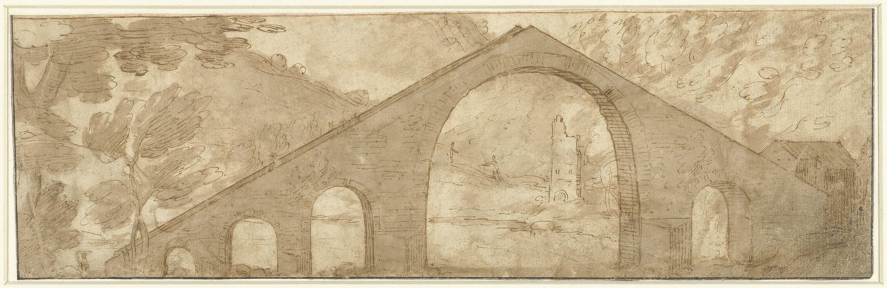 Bratt bru i et landskap av Lodewijk Toeput (attributed to)
