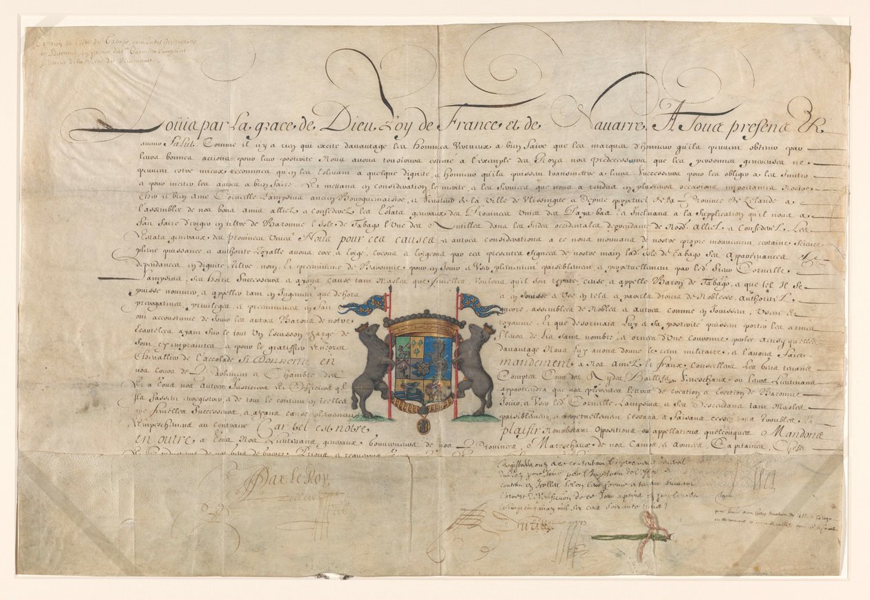 Diplom der Louis XIV opphøyde Cornelis Lampsins til baron av Tobago og ridder av St. Michels orden av Lodewijk XIV (koning van Frankrijk) (signed by artist)