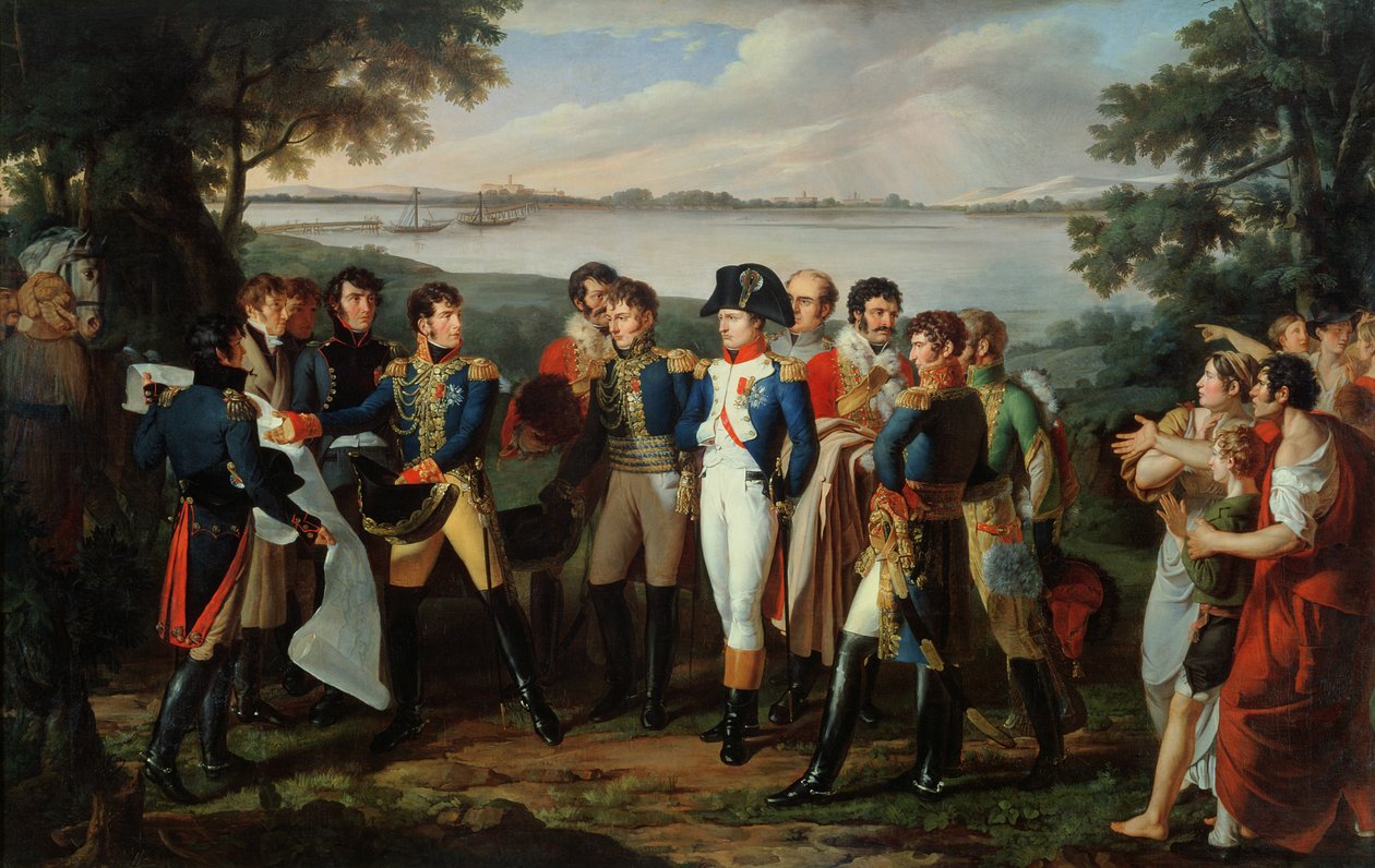 Napoleon (1769-1821) beordrer bro over Donau ved Ebersdorf for å nå øya Lobau 19. mai 1809 av Lodovico Venuti