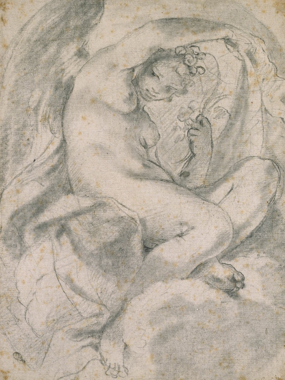 En nymfe (flora) blant skyer (svart kritt med stubbe på off-white papir) av Lodovico Carracci