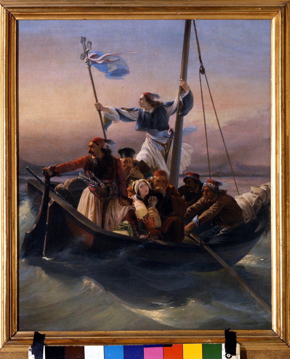 Grekere på et skip Allegory of Hellas marsjerte mot uavhengighet etter den osmanske dominansen og den greske uavhengighetskrigen (1821-1830) eller den greske revolusjonen. Maleri av Ludovico Lipparini (1800-1856) 1848 Verone av Lodovico Lipparini