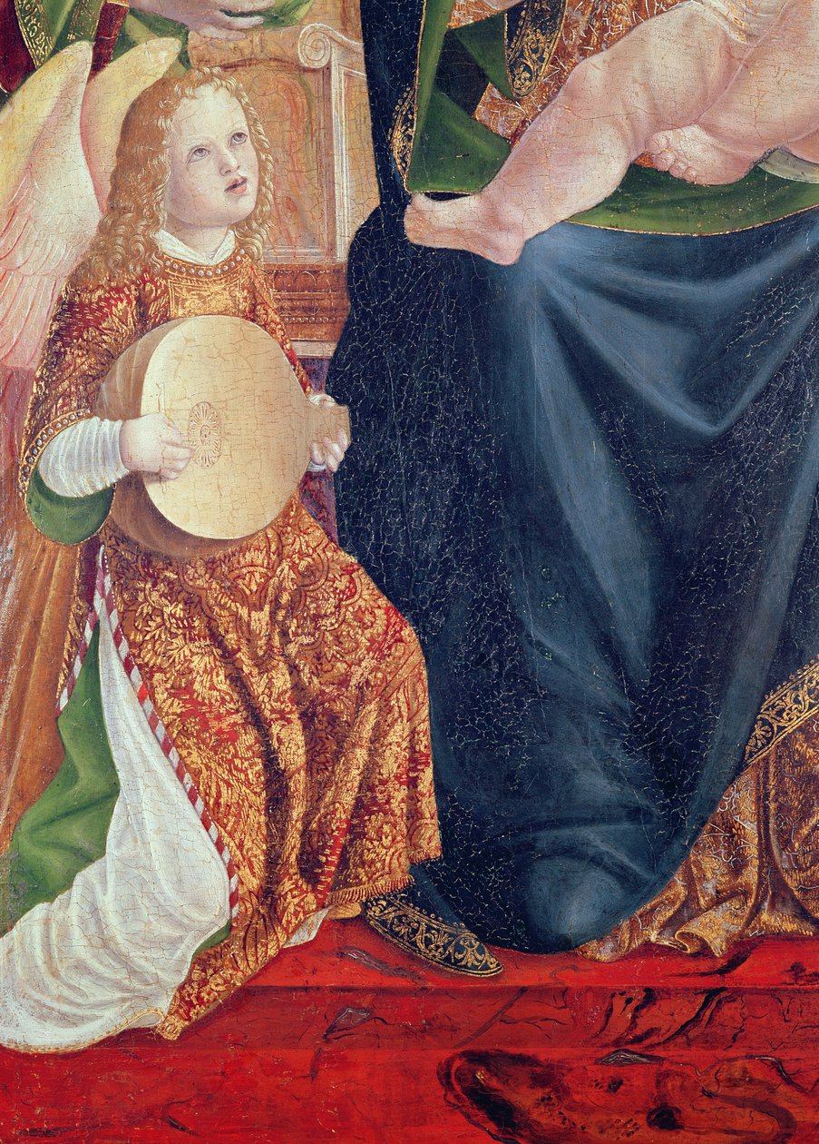 Madonna and Child with Angel Musicians, detalj av en engel som spiller lut, ca. 1490-1500 (tempera på panel) av Lombard School