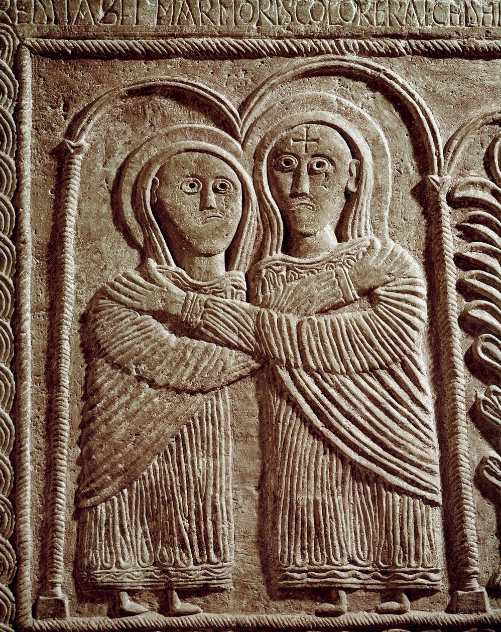 Arkeologi i middelalderen (middelalderen). Barbarian Art of Lombardia: Visitation, Saint Elizabeth and Saint Mary. Skulptur, Lombard kunst, 737-744. Cividale del Friuli, Chretien-museet, katedralens skatt av Lombard School