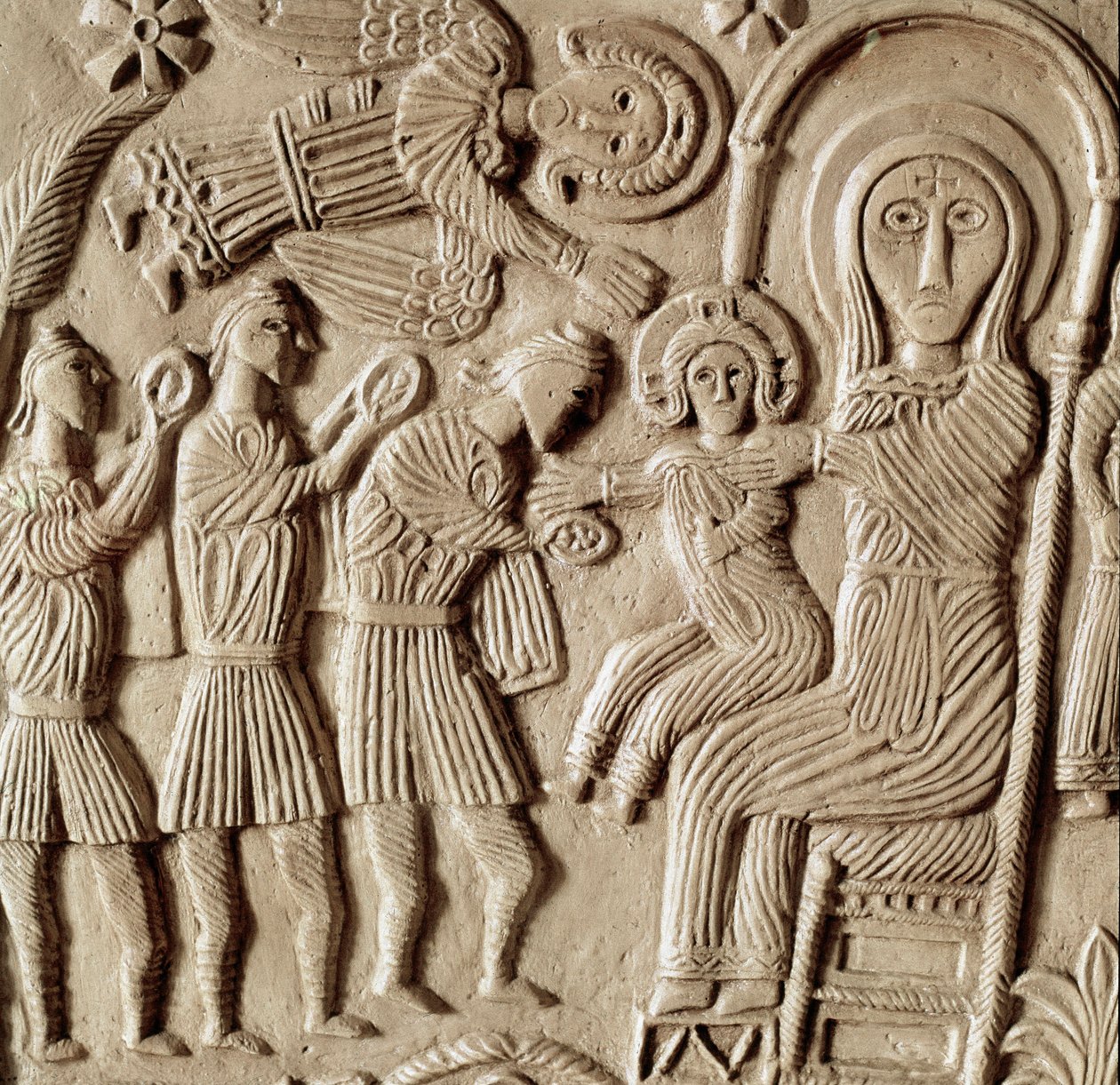 Arkeologi i middelalderen (middelalderen). Lombardias barbariske kunst: tilbedelse av magi, lavt relieff av alteret til hertug Rachis. Skulptur, Lombard kunst, 737-744. Cividale del Friuli, Chretien-museet, katedralens skatt av Lombard School