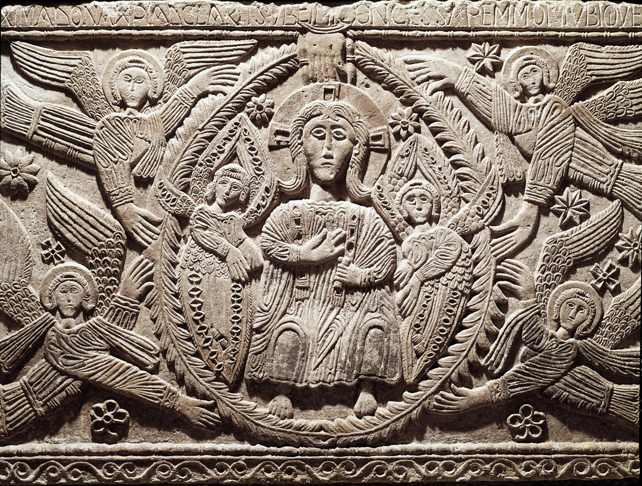 Lombard kunst: Kristus i herlighet, lavt relieff fra alteret til hertug Rachis (Ratchis eller Ratgis) - Skulptur, Lombard kunst, 737-744 (Relieff av alteret til Ratchis som representerer Kristus i herlighet) Cividale del Friuli, Chretien Museum, skattmeste av Lombard School