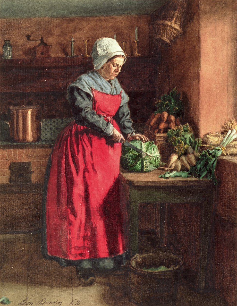 Cook with Red Apron, 1862 (wc, gouache, penn og blekk og grafitt på papir) av Léon Bonvin
